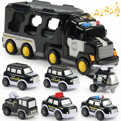 7-in-1 Kids Car Toy Set 7pcs with Playmat, Large Vehicle + 6 Mini Cars Ambulance Police Fire Truck Engineering