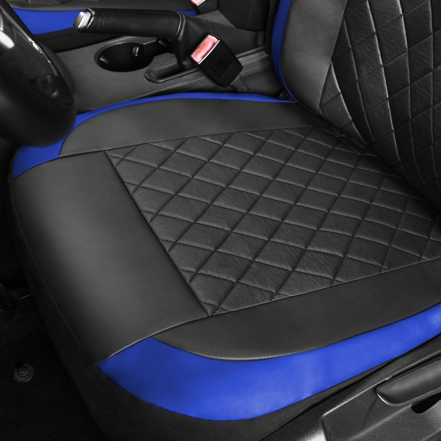 Five-Seat Quilted Car Seat Cover Set with Headrest Pieces in Black, Gray and Blue-Trim Color Options