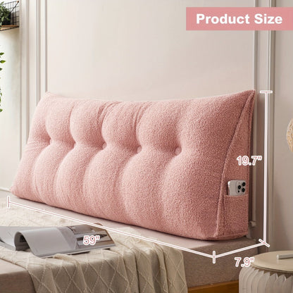Bed Wedge Pillow Headboard Pillow with Side Pockets Removable Cover Teddy Velvet Reading Pillow Twin Queen King