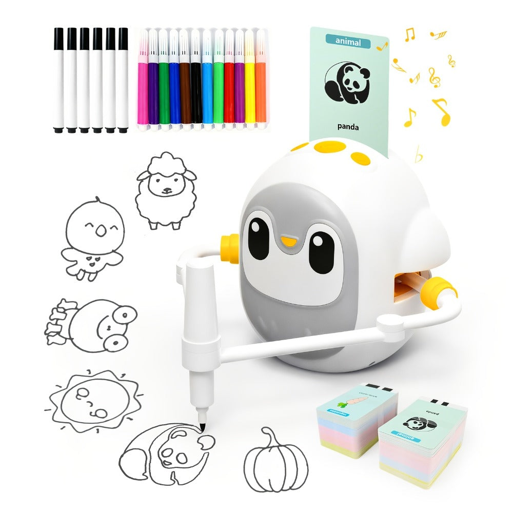 Drawing Robot for Kids Penguin, 200 Learning Cards & 12 Color Pens, STEM Art Educational Toy, Screen-Free Interactive Drawing Game