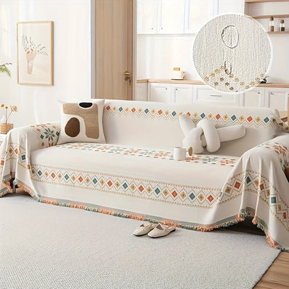 Sofa Cover Bohemian Embroidered Chenille Knit Throw with No Padding in Four Sizes and Five Colors