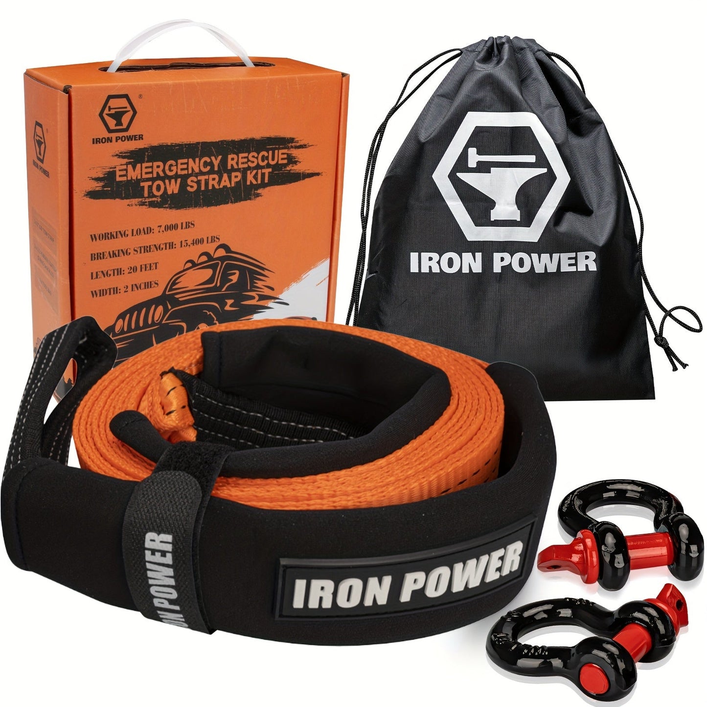 Tow Strap Kit 2" x 20ft – Heavy Duty Emergency Towing Rope with 2pc 1/2" D-Ring Shackles for Off-Road Recovery, Truck