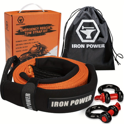 Tow Strap Kit 2" x 20ft – Heavy Duty Emergency Towing Rope with 2pc 1/2" D-Ring Shackles for Off-Road Recovery, Truck