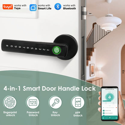 Aluminum Alloy Smart Door Handle Lock 4-in-1 with Fingerprint, Password, App & Key, Left & Right Hand Compatible