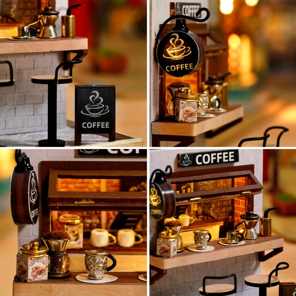 DIY Miniature Shop Dollhouse Kit with Dust Cover, Wooden Mini Store Assembly Set, 4 Themes Sakura Noodles Candy Atelier Coffee