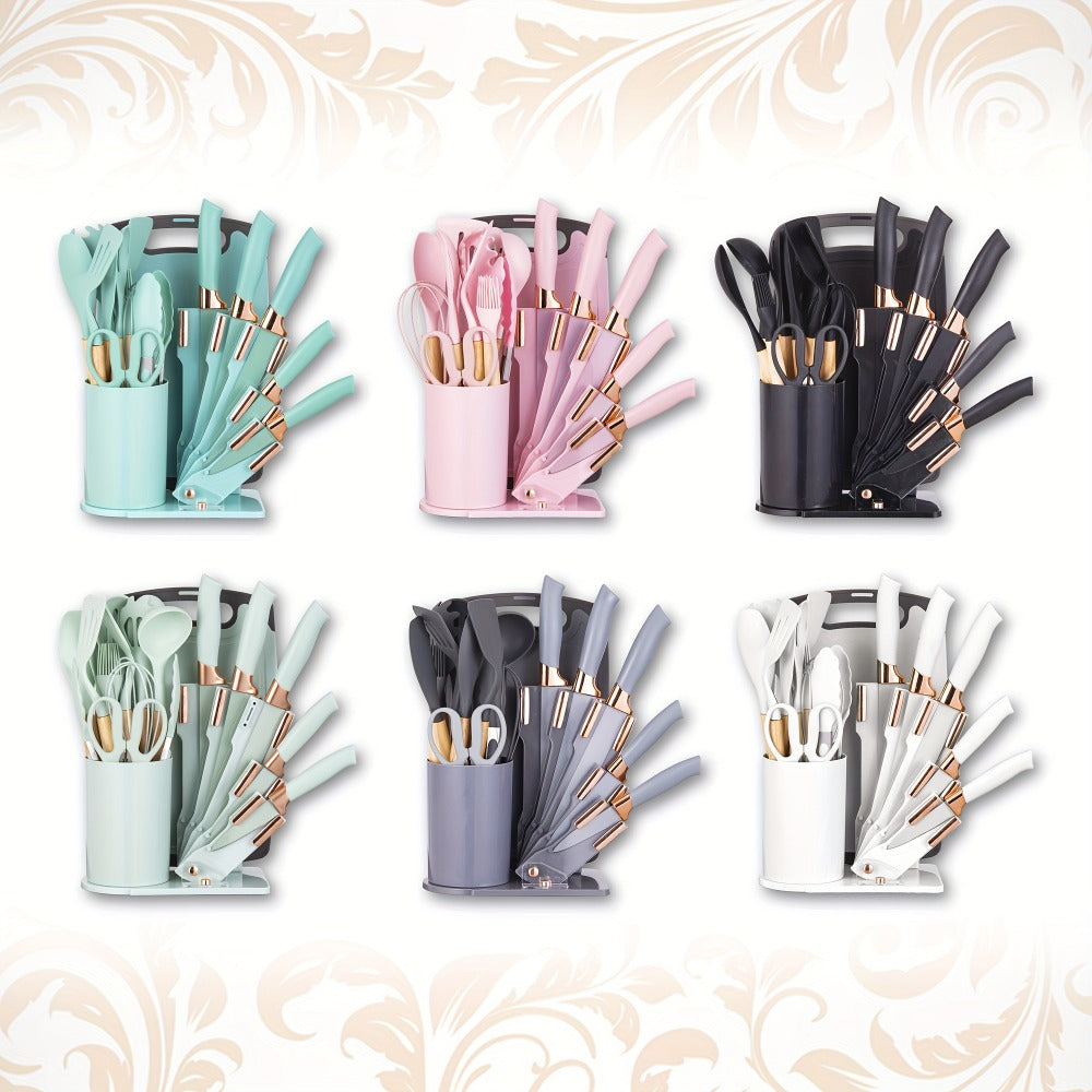 Kitchen Knife Set 19-Piece with Stainless Steel Blades, Wood Handles, Silicone Utensils, Board, Shears and Holder