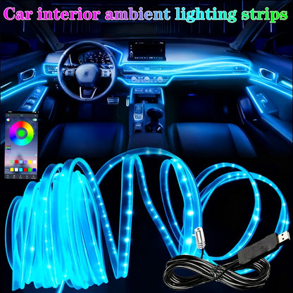 Car Interior Ambient Lighting Kit with Four Checkout Configurations, App-Button Control and Fiber-Style Strips