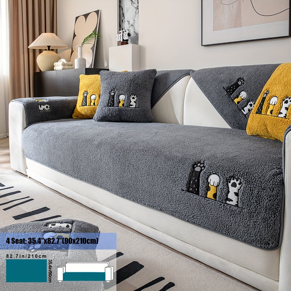 Sofa Cover, Sherpa Plush Cat-Paw Embroidered Seat Pad with Backing Detail in Four Colors and Seven Sizes