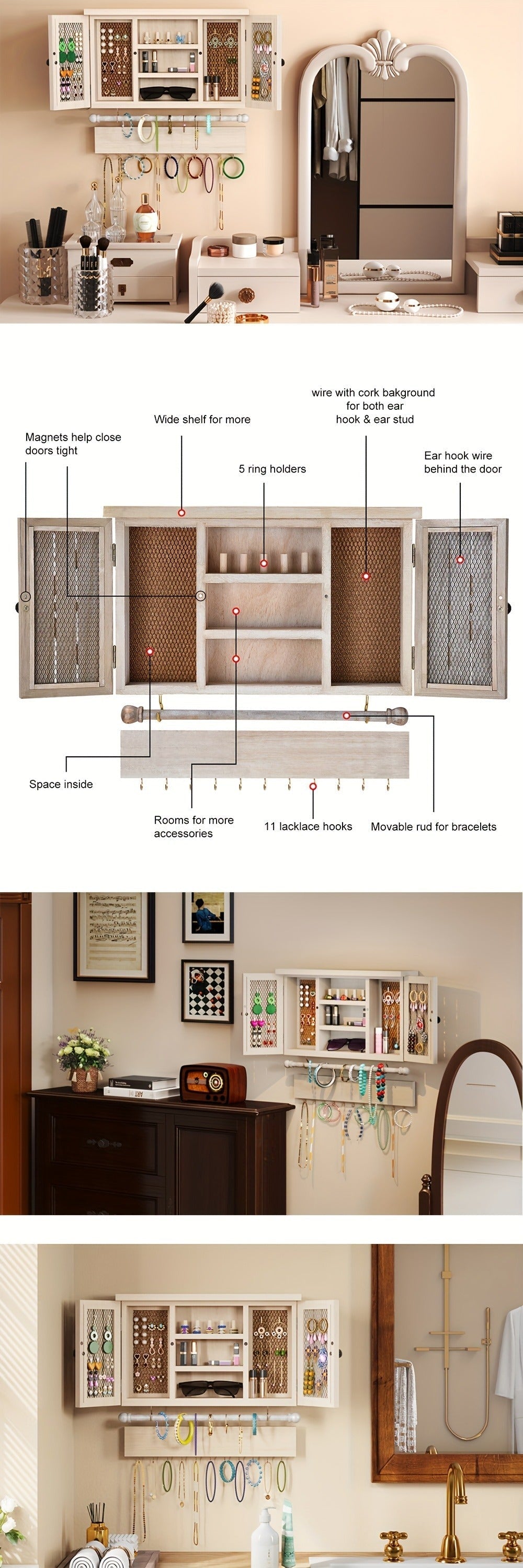 Jewelry Organizer Rustic Wall-Mounted Wood Shelf with Removable Bracelet Rod, Necklace Hooks and Ring Slots