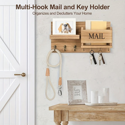 Wall Mounted Storage Rack with Mail Slot – Rustic Wood Floating Shelf with Hooks for Keys, Hats & Envelopes