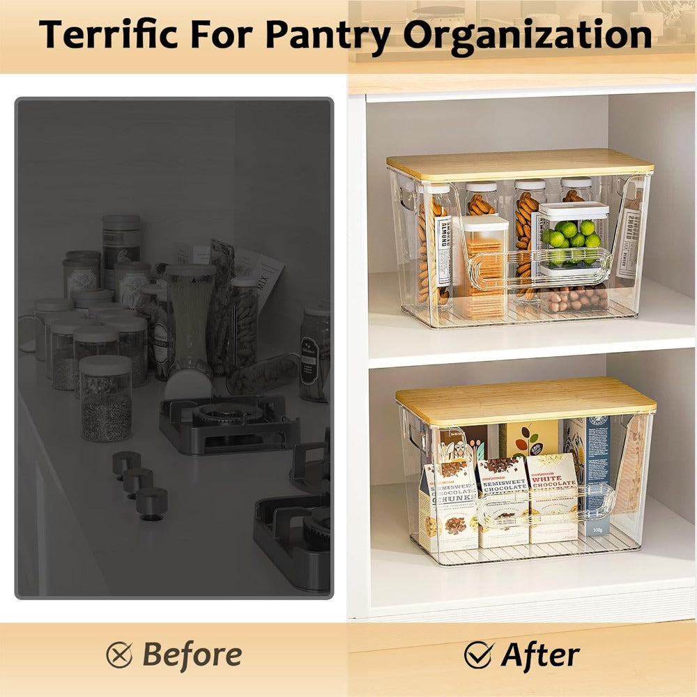 Two-Pack Clear Stackable Pantry Storage Bins with Bamboo Tops, Front Openings and Side Handles