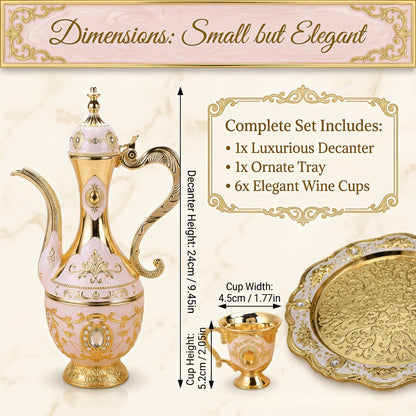 Vintage Turkish Coffee Tea Set – Zinc Alloy Teapot, 6 Cups & Tray | European Style Luxury Gift Set for Tea, Coffee & Cappuccino