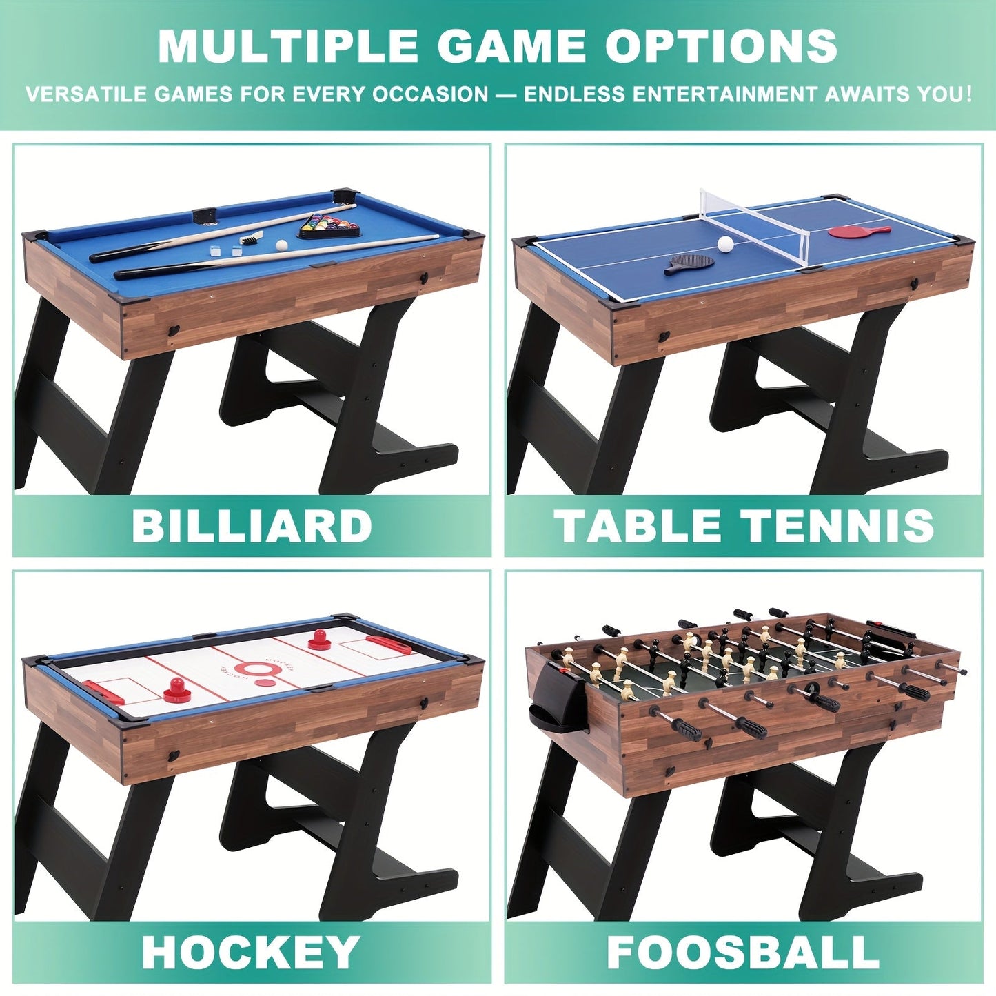 4-in-1 Multi-Game Table 54 Inch Foldable – Table Tennis, Air Hockey, Billiards & Foosball – Combo Game Table for Adults
