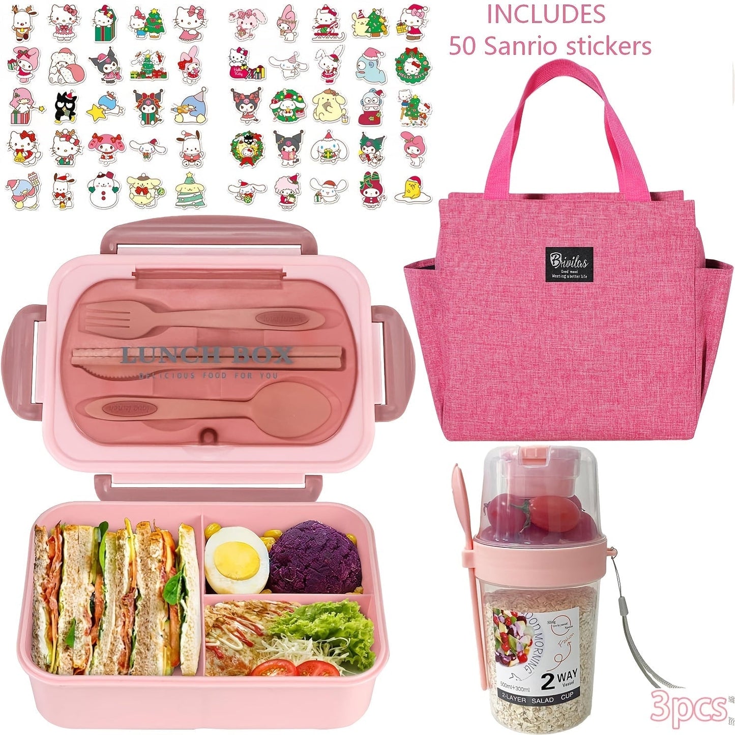 Sanrio Lunch Box Set 53pcs Bento Box with Thermal Bag Breakfast Cup Portable Sealed Compartment Microwave for Work Picnic School