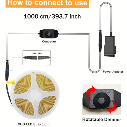 COB LED Strip Light 4800LEDs 32.8FT No – High Density Dimmable Knob Switch Ultra-Thin 8mm Flexible for Home, Desk and Accent Lighting