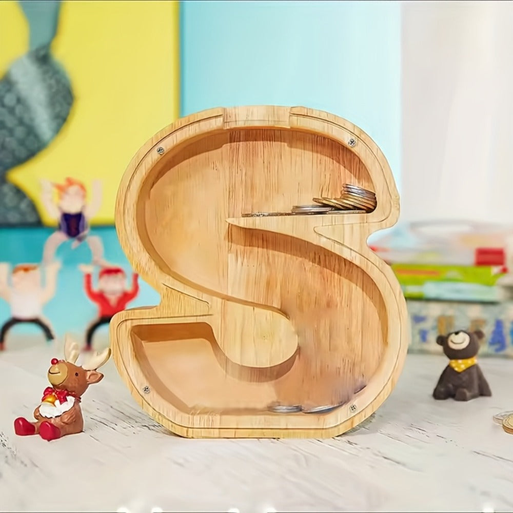 Personalized Wooden Piggy Bank for Kids – A-Z Alphabet Letter Initial Coin & Bill Savings Bank for Boys & Girls