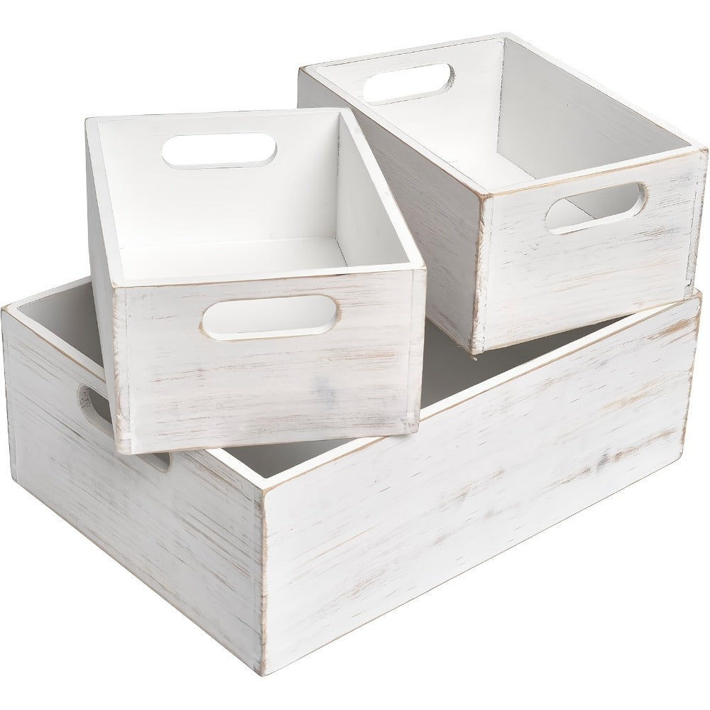 Wooden Crates with Handles Set of 3, Rustic Farmhouse Storage Boxes for Pantry, Shelf, Closet, Arts & Crafts