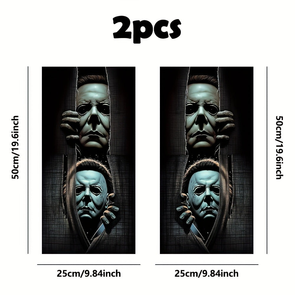 Two-Piece Masked Figure Car Window Decal Set with Stacked Black-and-Gray Horror Portrait Panels