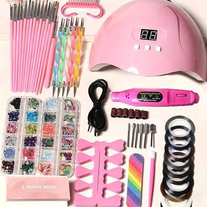72-Piece Complete Nail Art Set with LED UV Lamp, Electric Nail Drill Pen, Gel Polish, Glue Drying Machine