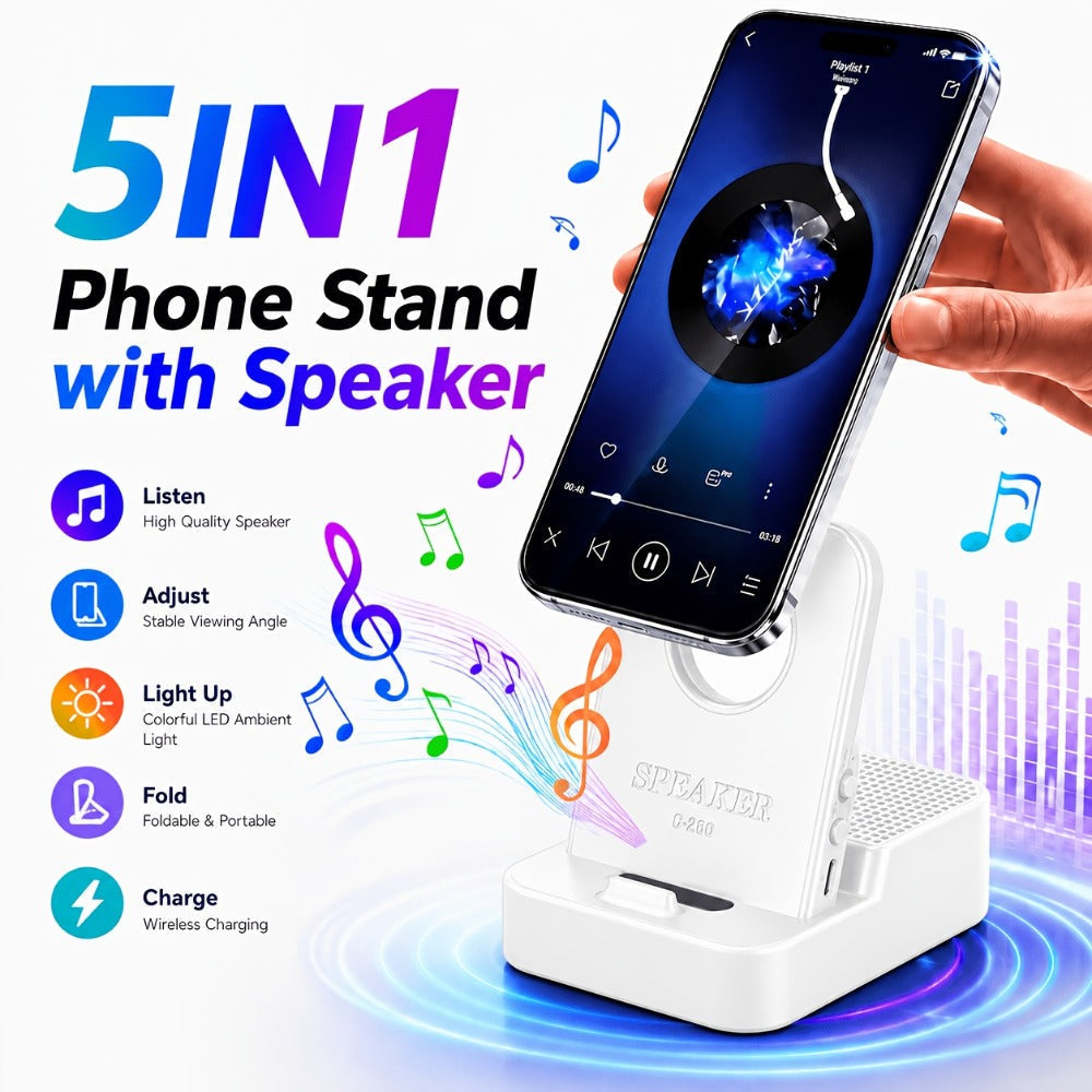 Magnetic Wireless Speaker Stand with Emergency Charging, 360° Adjustable Foldable Phone Holder, Portable Bluetooth Speaker