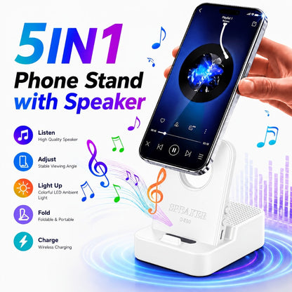 Magnetic Wireless Speaker Stand with Emergency Charging, 360° Adjustable Foldable Phone Holder, Portable Bluetooth Speaker