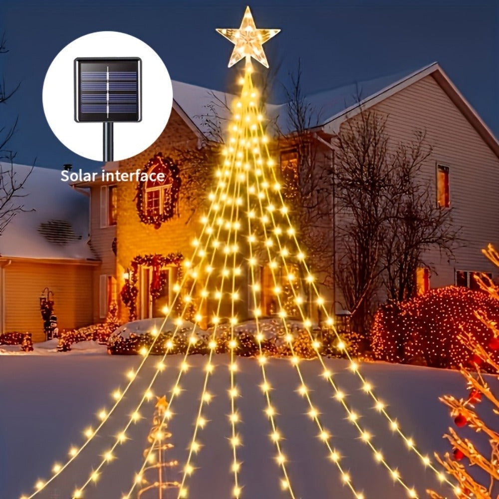 Christmas Tree Waterfall Fairy Lights 200 LED with Star Top Decoration, 8 Lighting Modes, Battery