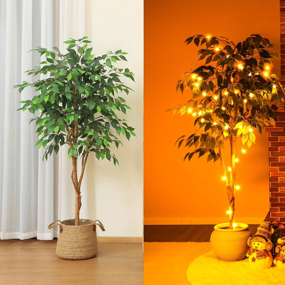 Artificial Ficus Tree with Braided Trunk, Full Green Canopy, Black Pot and 4, 5 or 6 ft Height Options