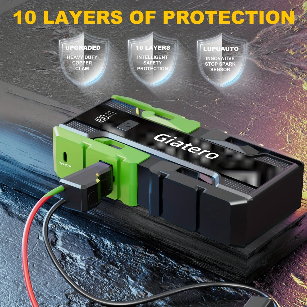 Giatero 10000A Car Jump Starter with 12V Battery Clamps, Digital Display, LED Light and Integrated Air Compressor
