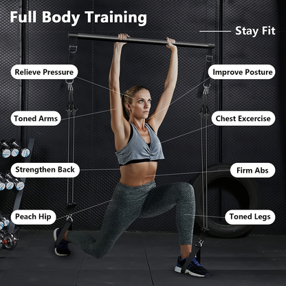 3-Section Pilates Bar Kit – 4 TPE Resistance Bands (40-50 lbs), 2 Ankle Straps & Storage Bag for Legs, Hips