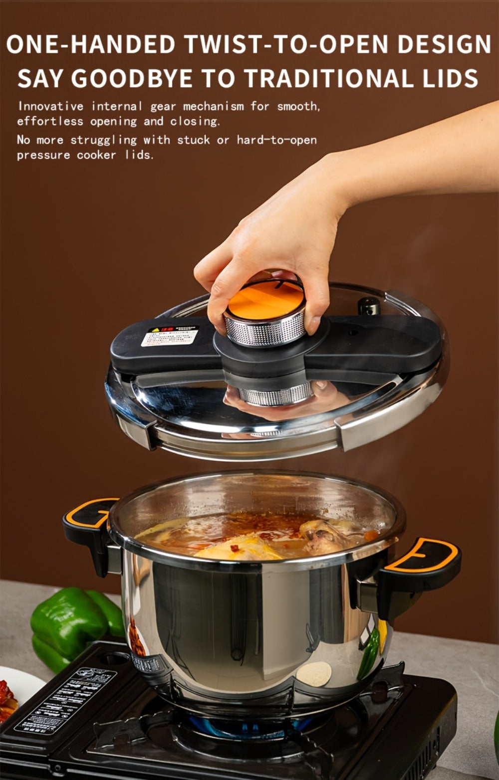 Pressure Cooker Stainless Steel with One-Twist Lock Lid, Induction & Gas Compatible Stew Pot in 1.32gal