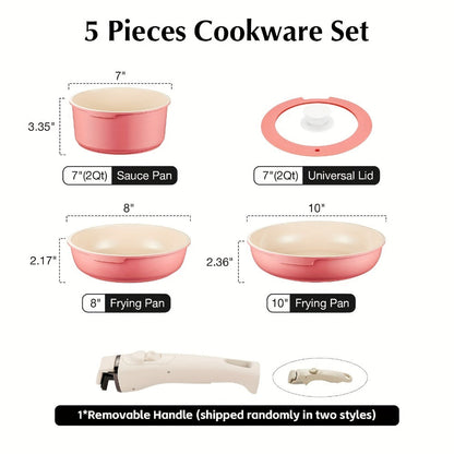 Cookware Set IKTU 5-Piece Detachable-Handle Aluminum Pots and Pans in White, Pink, Beige or Coral Pink