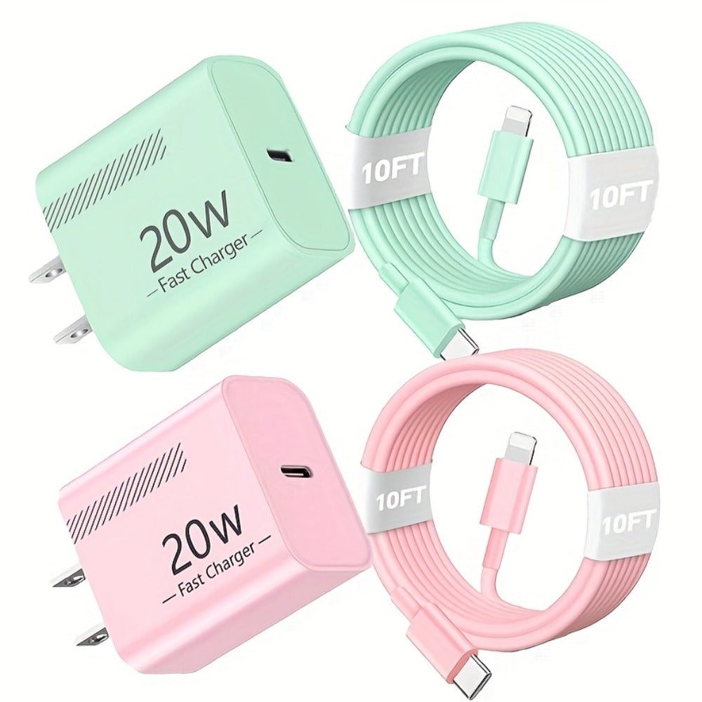 20W iPhone Fast Charger Bundle 3-Pack with 10ft L-Shaped Lightning Cable, 3 Chargers + 3 Cables Set for iPhone 14 13 12 11 Pro Max SE XR
