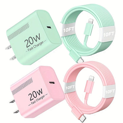 20W iPhone Fast Charger Bundle 3-Pack with 10ft L-Shaped Lightning Cable, 3 Chargers + 3 Cables Set for iPhone 14 13 12 11 Pro Max SE XR