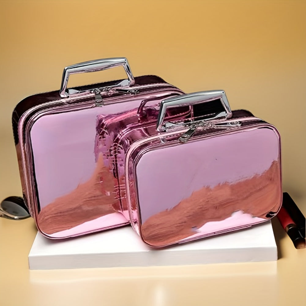 Glitter Makeup Travel Case Hard Shell Large Capacity Flat Lay Organizer Luxury Cosmetic Storage Box for Women Portable Fits in Suitcase Gold