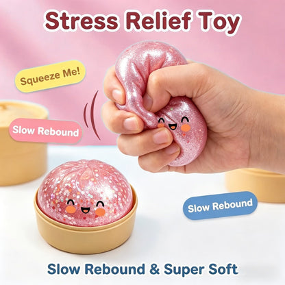 Three-Piece Random Glitter Dumpling Squishy Set with Stretchy Figures in Steamer-Style Containers