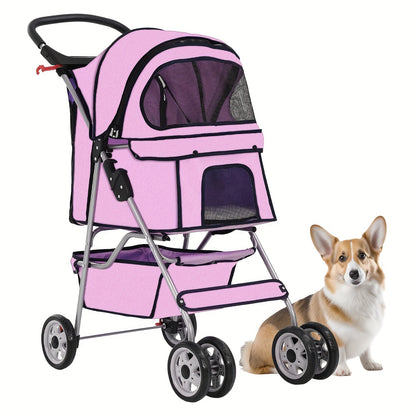 4-Wheel Pet Stroller with Cup Holder & Storage Basket | Portable Breathable Cat Dog Stroller, Smooth-Rolling Outdoor Pram