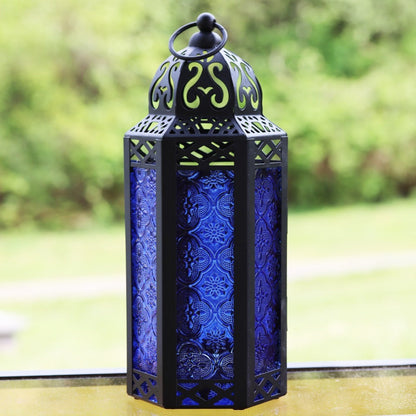 Moroccan Candle Lantern Holder - Decorative Metal & Glass Lantern with Embossed Floral Design for Indoor Home Decor