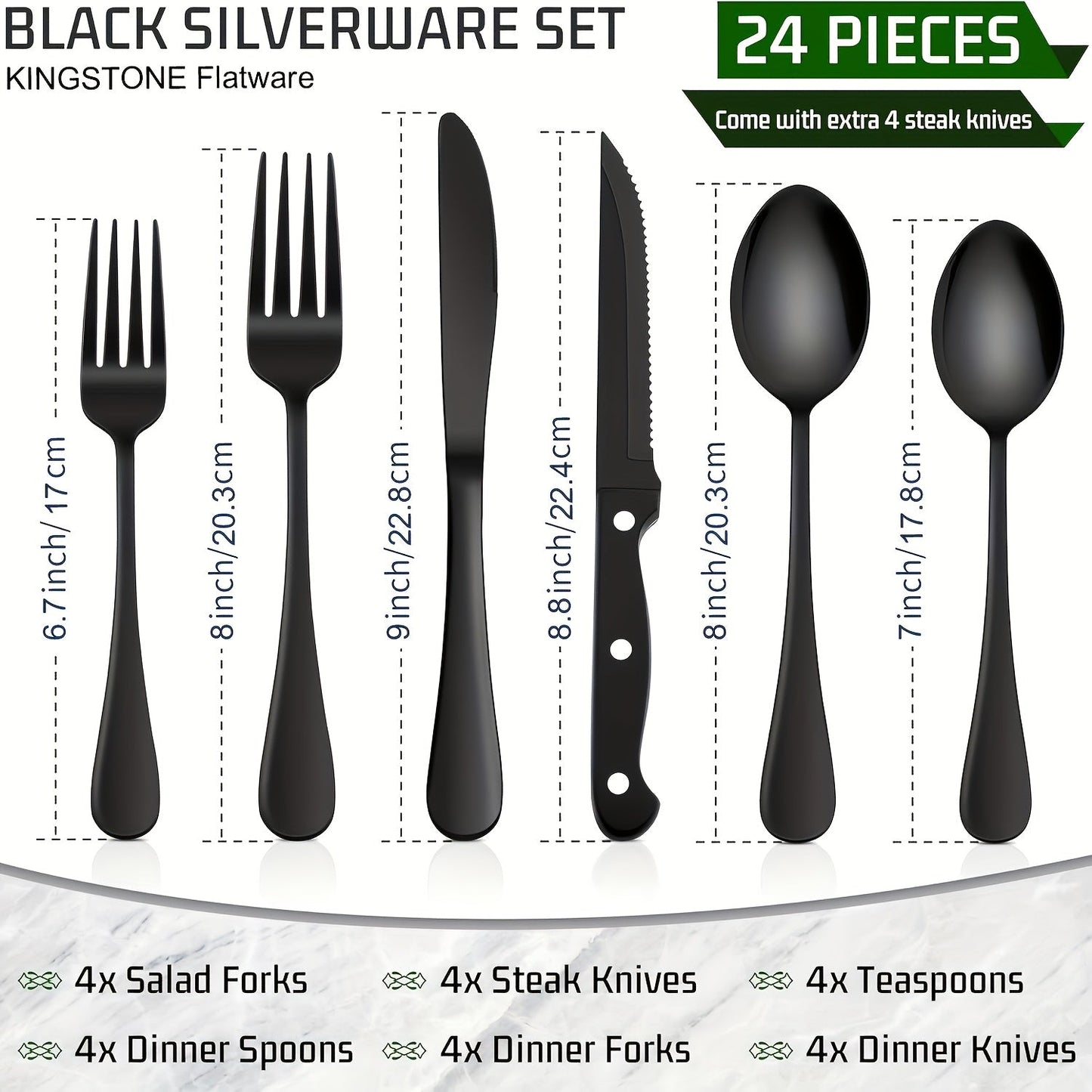 Serrated Steak Knife Dining Set with Six-Piece Place Settings, 24 or 48 Utensils in Silver or Black
