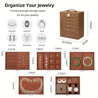 Jewelry Organizer 6-Tier Brown Storage Box with 5 Drawers, Built-In Mirror and Key-Lock Closure