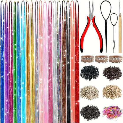 Hair Tinsel Extensions Kit 7700 Strands 18 Glitter Colors 48 Inch – Fairy Hair Tinsel with Micro Beads & Loop Tool for Women Girls Party