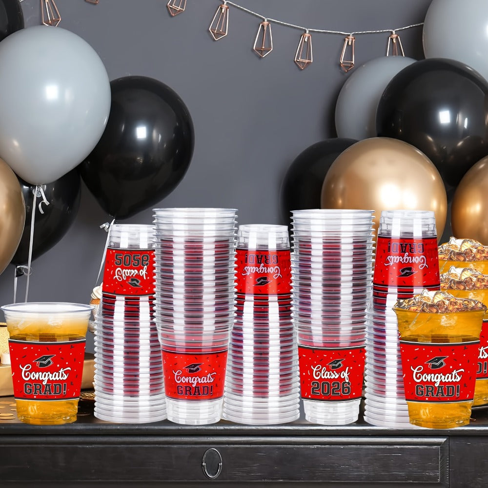 Graduation Plastic Mugs 100 Pack 14oz, 2026 Graduation Party Cups in Black Red Blue Green Purple Maroon for Graduation Ceremony