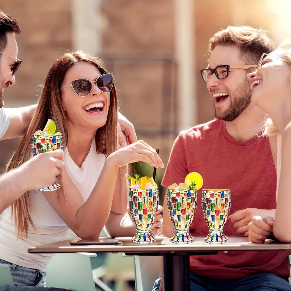 Footed Glass Drinkware Set, Color-Block Pattern Goblets in 4 or 8-Piece Options for Table and Party Service