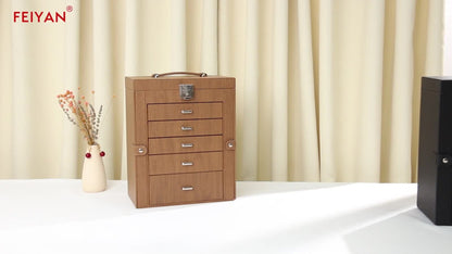 Jewelry Organizer 6-Tier Brown Storage Box with 5 Drawers, Built-In Mirror and Key-Lock Closure