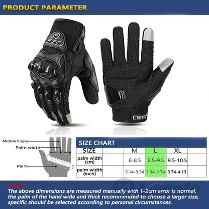 Full-Finger Motorcycle Gloves with Segmented Knuckle Shell, Wrist Tabs, Black or Red in M to XL