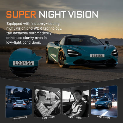 4-Channel 360° Dash Cam 1080P Front + 720P Rear Left Right All-Round Coverage, Quad-Screen Split Display, Night Vision, WDR, G-Sensor