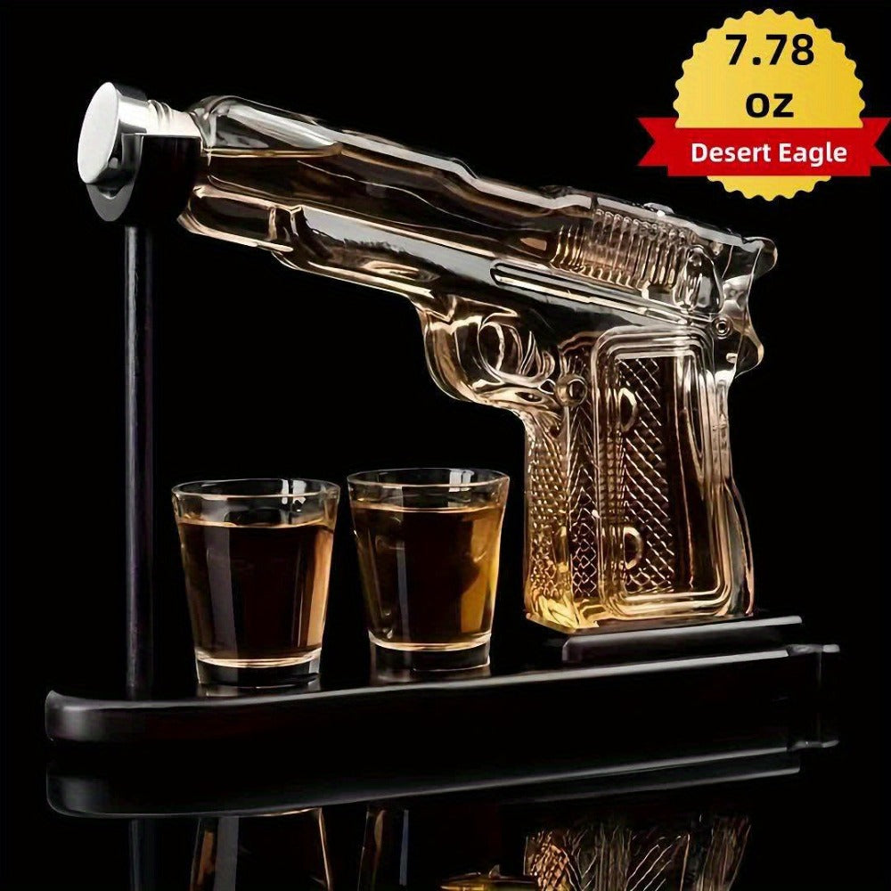 Whiskey Gun Decanter Set 10oz with 2 Bullet Shot Glasses & Wooden Stand, Handgun Shaped Liquor Decanter for Home Bar