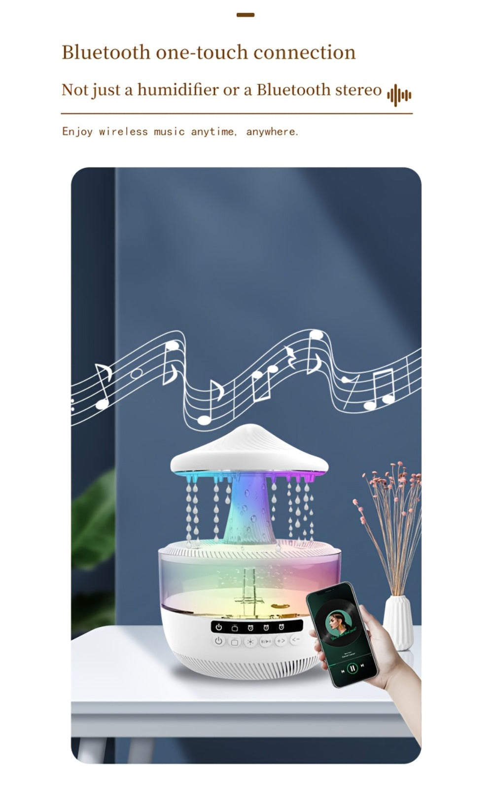 Cool Mist Humidifier with 7-Color Night Light Raindrop Music Design Dual Mist Output 26dB Ultra-Quiet 24H Operation Visible Water Level