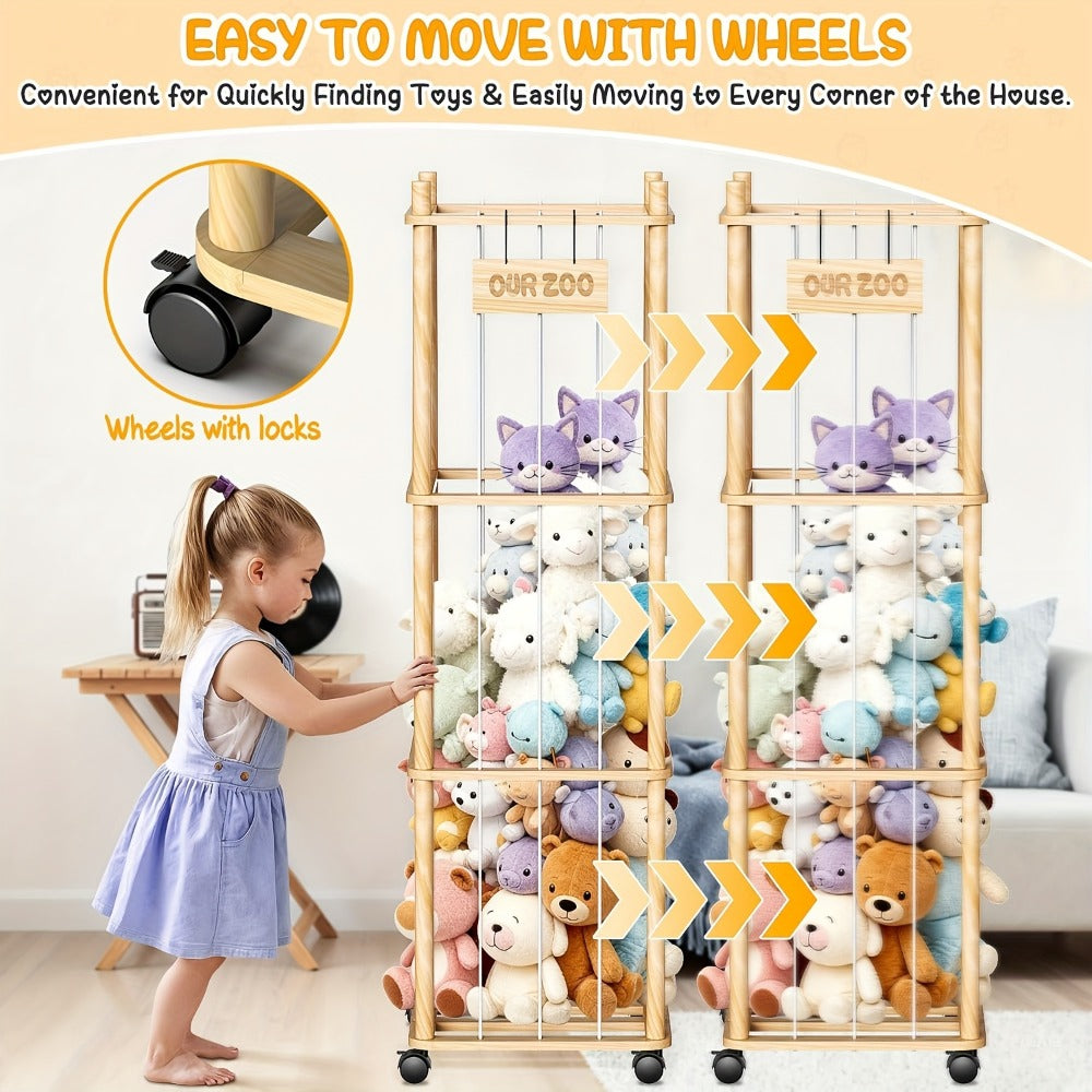 Stuffed Animal Storage Organizer with Pine Wood Frame, Wheels and 2 or 3 Tiers for Nursery or Playroom