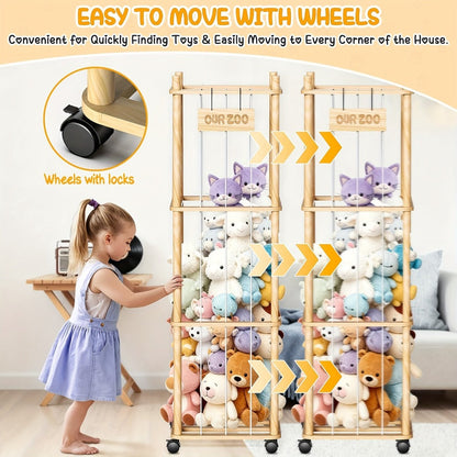 Stuffed Animal Storage Organizer with Pine Wood Frame, Wheels and 2 or 3 Tiers for Nursery or Playroom