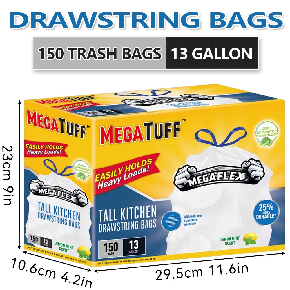 Drawstring Trash Bags 13 Gallon, 150 Count (3 Rolls) Tall Kitchen Garbage Bags with Odor Eliminator Technology, Lemon Mint Scent